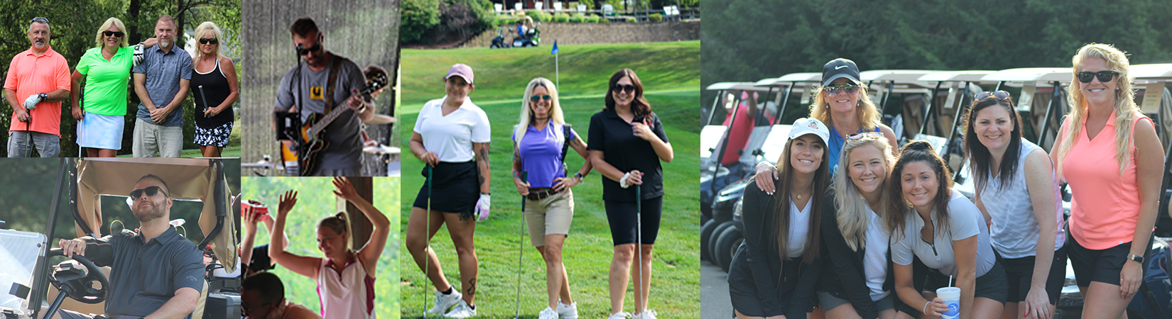 Men and women posing for picture on golf course